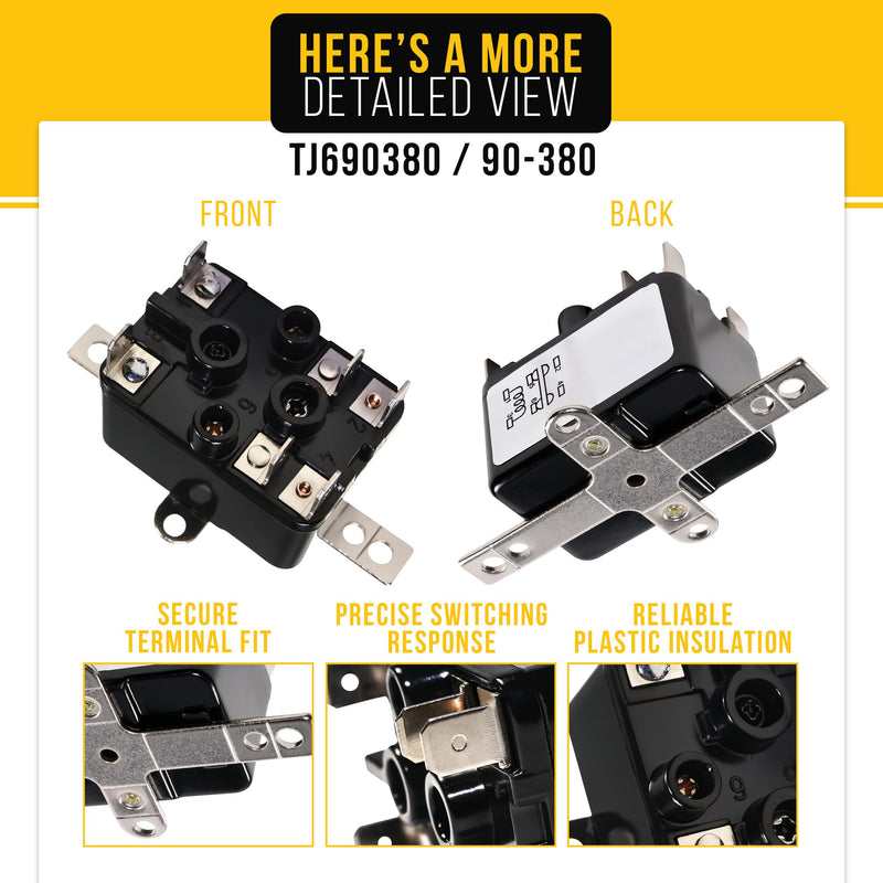 PartsBroz TJ690380 90-380 90380 Fan Relay - Compatible with White Rodgers - Replaces AP4485598 620537 92380 - Compact & Totally Enclosed Design - Coil Voltage 24 VAC 50/60Hz