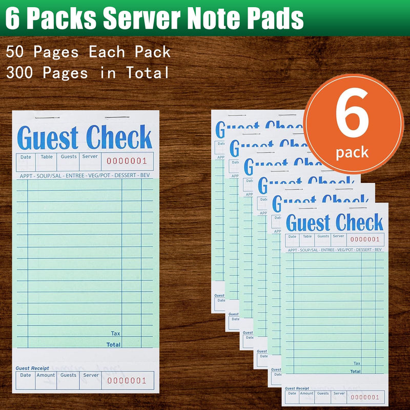 Guest Check Books 6 Pack, Guest Checks for Servers, Server Note Pads, Waitress Accessories Writing Pad, Thick Server Paper with Guest Receipts, Restaurant Supplies Order Pad Total 300 Sheets 6 Pack/300 Sheets Green