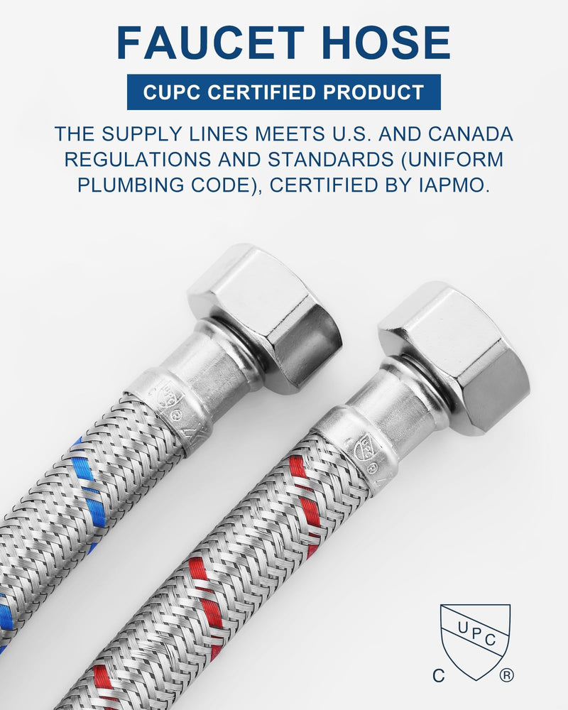 12 Inch Faucet Supply Lines Stainless Steel Braided Supply Hose for Sink Faucet G1/2" FIP x 3/8" Compression Faucet Connector, cUPC Bathroom Water Hose Replacement Parts 2 PCS 12 Inch