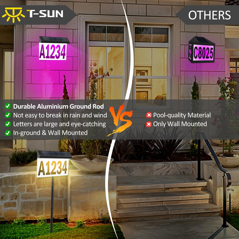 T-SUN Solar House Numbers for Outside: Color Changing Solar Address Number Sign with Remote Control, 9 Modes RGB&3000K, Waterproof LED Illuminated Address Plaques for Outdoor Yard Street Home 2023-Wall Mounted