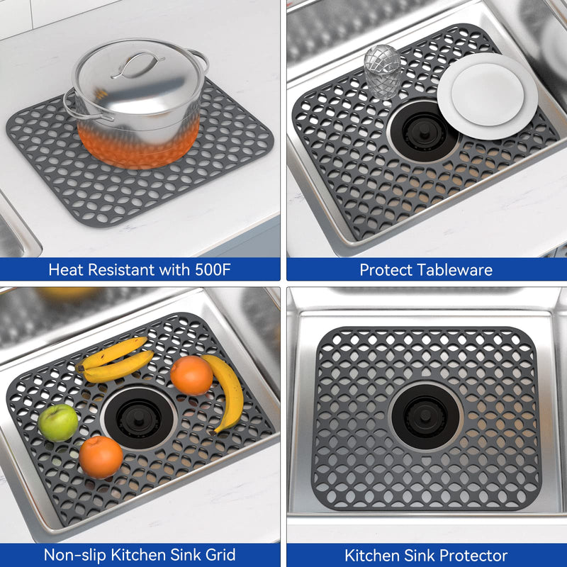 Kitchen Sink Mats, TOOVEM 2PCS Non-Slip Heat Resistant Silicone Sink Protector Mat for Bottom of Stainless Steel Porcelain Sink, Folding Farmhouse Rear Drain Sink Mats, Center Drain Grey-Center Drain-1
