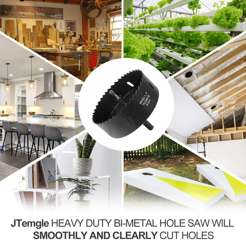 4 Inch Hole Saw with 3/8" Triangle Shank Quick Change Arbor, JTemgle Bi-Metal Hole Saw Heavy Duty Hole Cutting Tool for Cornhole Boards, Recessed Lights, Wood, Plastic, Drywall & Soft Metal 102mm | 4"