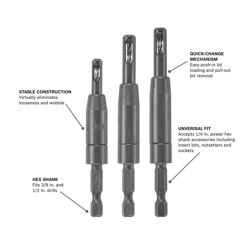 Bosch CC2430 Clic-Change 1/4 in. Self-Centering Drill Bit Assortment (3-Piece) 3pc Set
