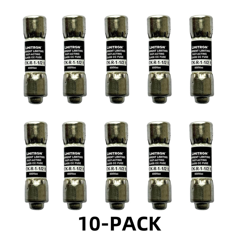 10-Pack New KTK-R-1-1/2 KTK-R-1-1/2A KTK-R 1.5A 600Vac Fast Acting Fuse,KTK-R-1-1/2A Current Limiting Class CC Rejection Cartridge Fuses