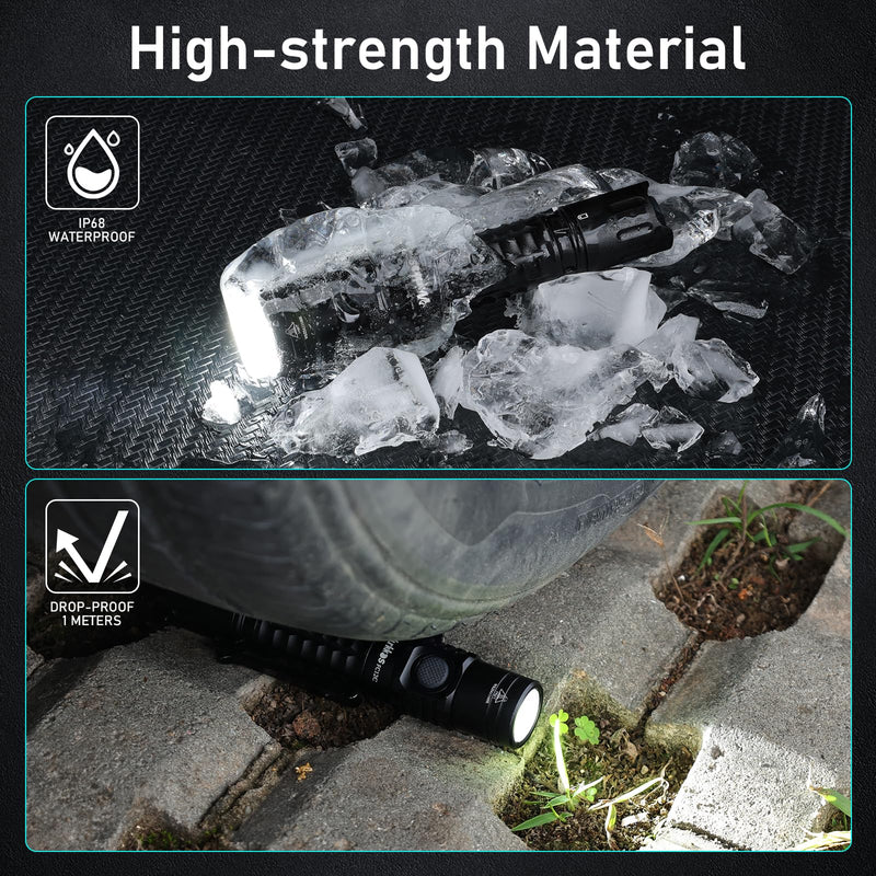 Wurkkos FC12C Tactical Flashlight 1600 High Lumens, USB-C Rechargeable LED Flashlights, 332M Long Throw Flash Light, IP68 Waterproof, Dual Switches and Constant Current Circuit for Home Camping Hiking Black