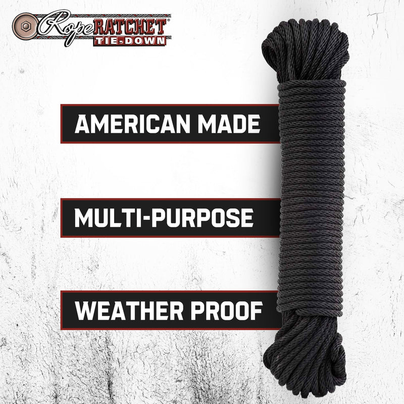 Rope Ratchet 3/16" 50 ft Solid Braided Polypropylene Rope, Heavy Duty, Weatherproof Utility Cord for Camping, Tie Down, Securing, Indoor & Outdoor Use, 110 lbs Capacity - Black Black-hank B