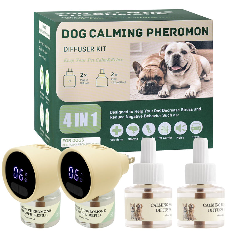 Smart 4-in-1 Dog Pheromones Calming Diffuser Kit with Four Timed Timer, 60 Days Effectively Anti Anxiety Relief Stress Dog Pheromones Calming Refills (2 Diffuser + 2 Refills) Beige