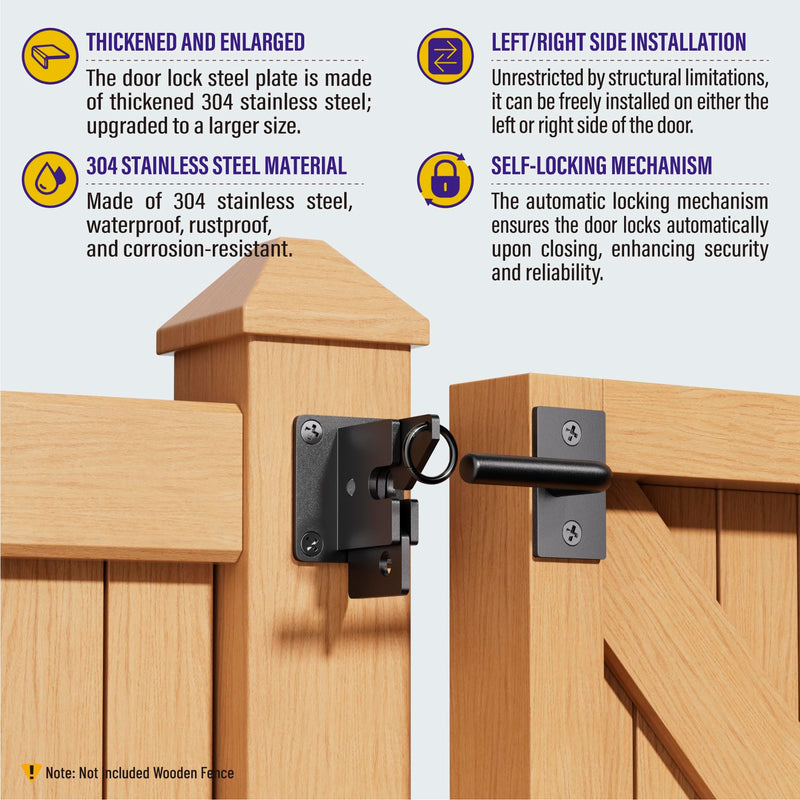 Hulave 304 Stainless Steel Fence Gate Latch, Self-Locking Gravity Gate Latch, Heavy Duty Privacy Gate Latch for Wooden Fence, Metal Gate & Vinyl Fence Gate Hardware (Black) Black
