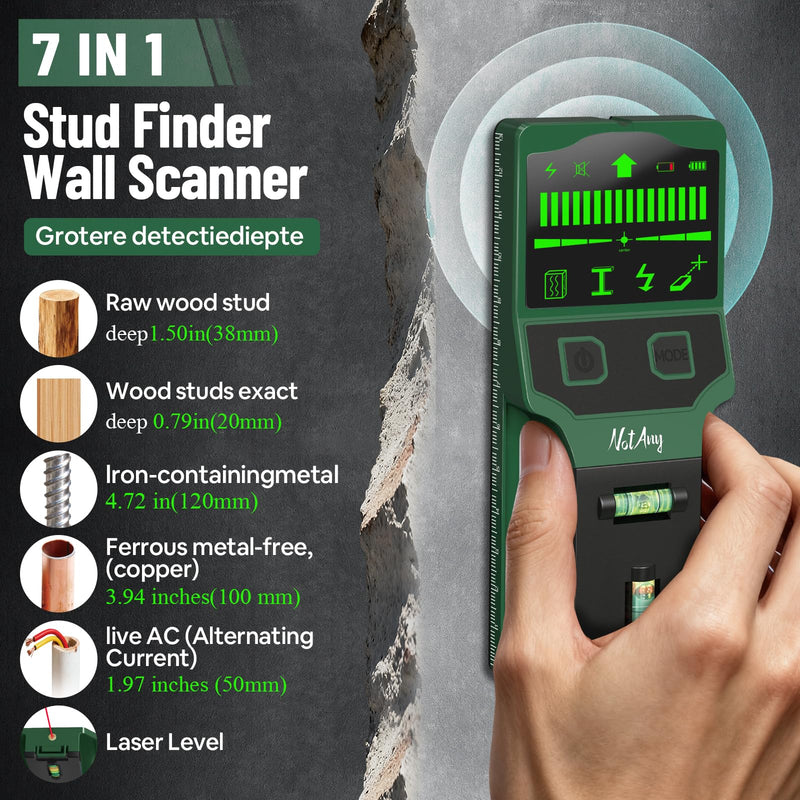 Stud Finder Wall Scanner - 7-in-1 Electronic Wall Stud Detector, Detects Wood, Metal, AC Power, Joists, Pipes with LCD Display, Laser & Bubble Level Ruler