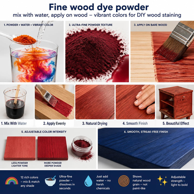 GOODTAKE 5 Colors Concentrated Wood Stain Powder in Jars | Includes Purple, Rose Red, Navy Blue, Green, Black | Long-Lasting Supply for Crafts, Furniture | Just Add Water to Activate 2 oz. Per Color