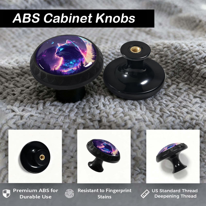 12 Pack Purple Cat Cabinet Knobs for Kitchen Bathroom | Fantasy Moon Night Drawer Pulls Round Black Dresser Handles Hardware for Desk Cupboard Wardrobe Closet Vanity Door Decor 12PCS - 1.37"L x 1.1"W Fantasy Purple Starry Sky Cat