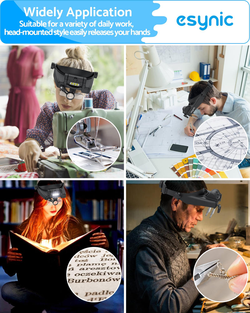 eSynic Type-C Rechargeable Magnifying Glasses Headset-Up to 14X Magnification-5 Interchangeable Lens-3 LED Lights -2 Adjustable Brightness Levels-Comfort & Fit Headband Magnifier for Crafts/Reading