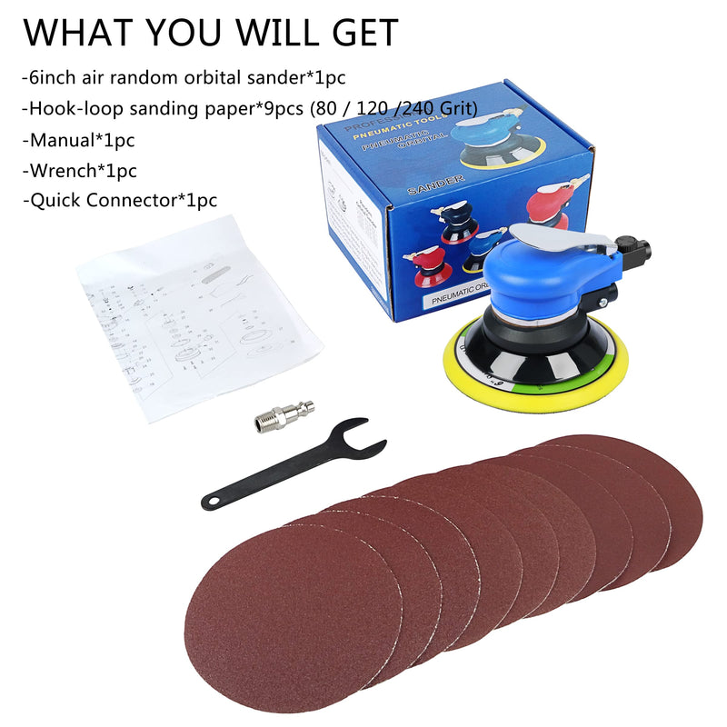 Ouya Air Powered Random Orbit Sanders Dual Action Pneumatic Palm Sander with 1pc 6-inch Backing Plate and 9pcs Sandpapers 6 inch