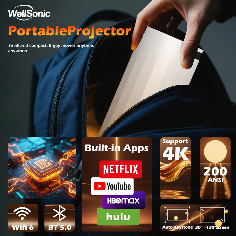 Mini Projector with WiFi and Bluetooth, Portable Movie Projector Support 4K, Auto Keystone,210° Rotation, 130'' Screen Smart Projector Compatible with HDMI Phone TV Stick for Bedroom Outdoor B-X8