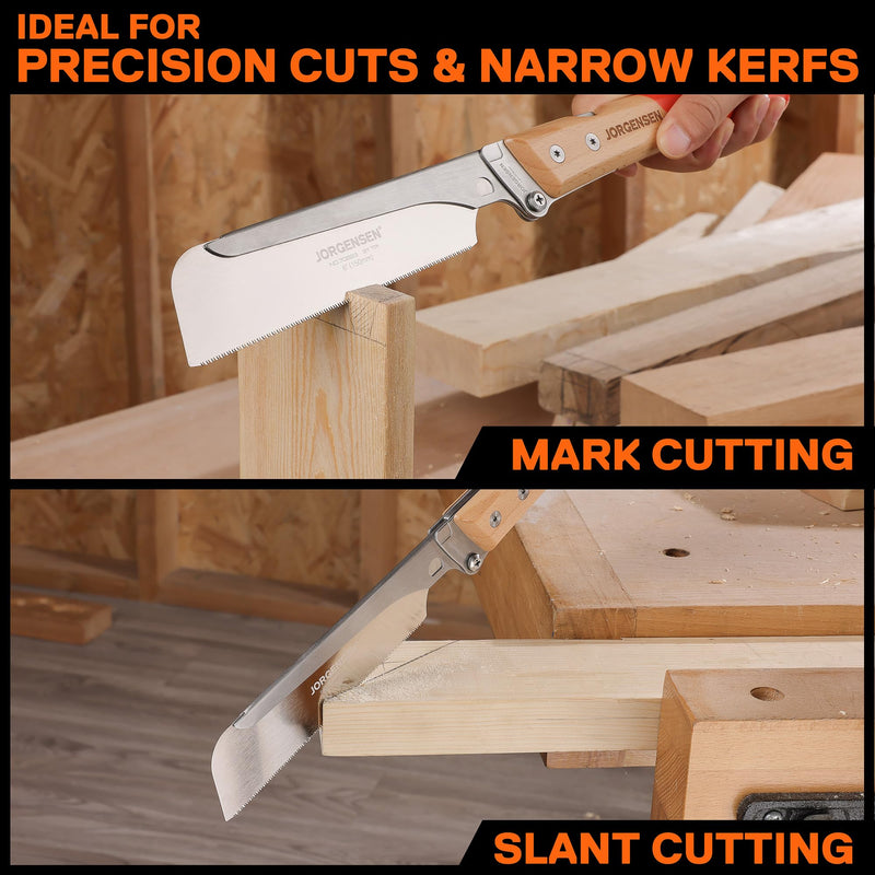 JORGENSEN Japanese Pull Saw, 6 Inch Folding Dovetail Saw with Beech Wood Long handle, SK5 Steel Blade Tool-less Quick Change, 21TPI Cross Cut Saw Woodworking Hand Saw for Hardwood, Softwood