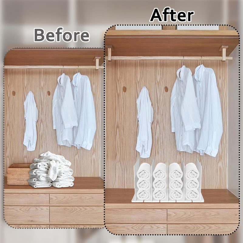 Towel Organizer for Closet, White Interlocking Towels Rack Storage, Space Saving Bathroom & Cabinet Under Sink Closet Towel Organizer, Beach & Bath Towel Holder (Partition 5)