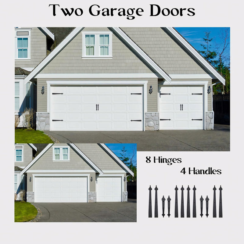 Decorative Garage Door Hardware Kit Carriage House Accents 8 Hinges and 4 Handles for 2 Car Garage, Screw Mounted, Black Steel