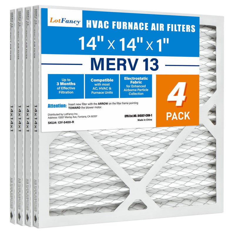 LotFancy 14x14x1 Air Filter MERV 13 4-Pack, Electrostatic Pleated HVAC Furnace Air Filter, Captures Pet Dander Smog Smoke, Actual Size: 13.75"x13.75"x0.75"