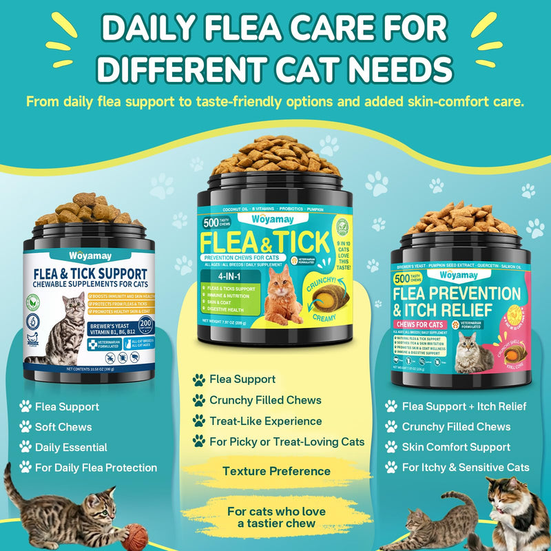 Woyamay 4-IN-1 Flea and Tick Prevention for Cats, 500 Crunchy & Creamy Chews, Cat Flea Treatment, Natural Oral Flea Treatment for Cats, Daily Support for Flea, Immune, Skin & Coat, Gut, Chicken Flavor