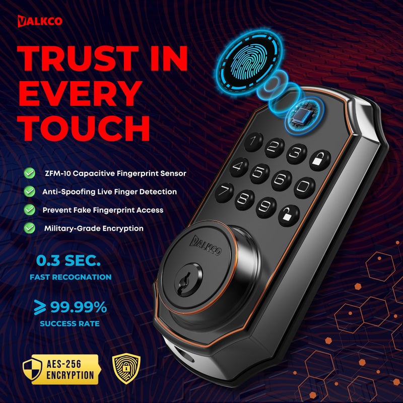 VALKCO Smart Door Lock V5O5BF, Keyless Entry Door Lock with Keypad and Bluetooth App Control, Fingerprint Deadbolt, Smart Door Lock for Front Door, Auto Lock, IP54 Weatherproof, Easy Installation.