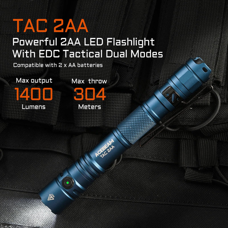 ACEBEAM TAC 2AA EDC Tactical Dual Modes Flashlight Rechargeable, 1400 High Lumens Flashlight, Dual Switch Pocket LED Flashlight, Super Bright Small Flash Light for Emergency, Camping, Home(SFT-25R HI) Blue 6500K-1400 Lumens 304 Meters
