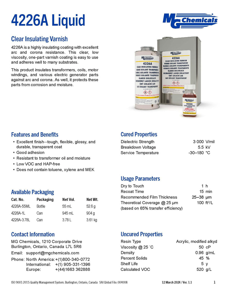 MG Chemicals 4226A Clear Insulating Varnish, 1 L Liquid Can 945 mL Can