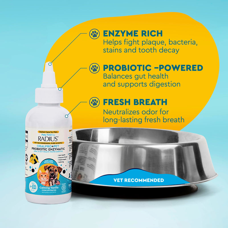 RADIUS OralPro+ Pet Probiotic Enzymatic Water Additive - Dog and Cat Dental Care Solution - Plaque & Tartar Defense Meal Supplement - Fresh Breath & Gut Health - Calming Vanilla, 4 Oz (Pack of1) Pack of 1 Clear