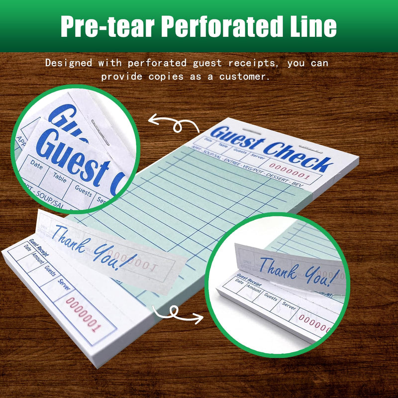 Guest Check Books 6 Pack, Guest Checks for Servers, Server Note Pads, Waitress Accessories Writing Pad, Thick Server Paper with Guest Receipts, Restaurant Supplies Order Pad Total 300 Sheets 6 Pack/300 Sheets Green