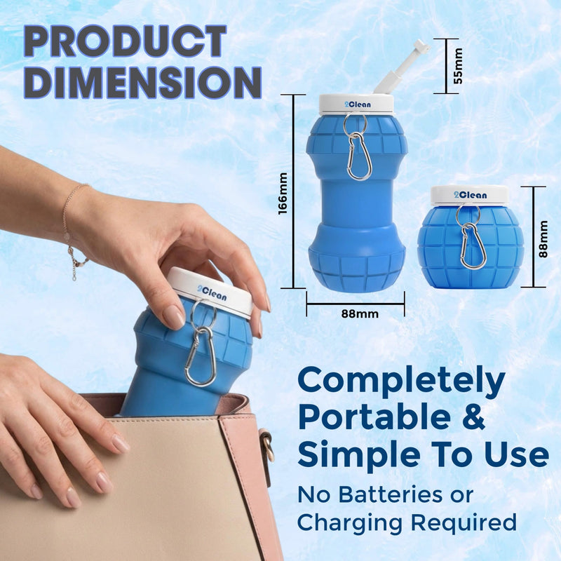 2Clean Portable Bidet Travel Handheld Compact - Collapsible & Expandable Sprayer for Women, Pressure Camp Size Companion, Handy Toilet Hygiene Water Spray, Personal Held Cleansing Tool - 550ml (Blue) Blue