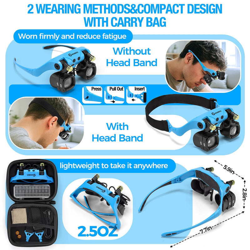 Magnifying Glass with Light, 2X 4X 6X 10X 13X Magnifying Glasses Lens, Switchable Binoculus Loupe w/Storage Case, Rechargeable Head Mount Magnifier for Close Work Watch Repair Crafts Jewelry Blue