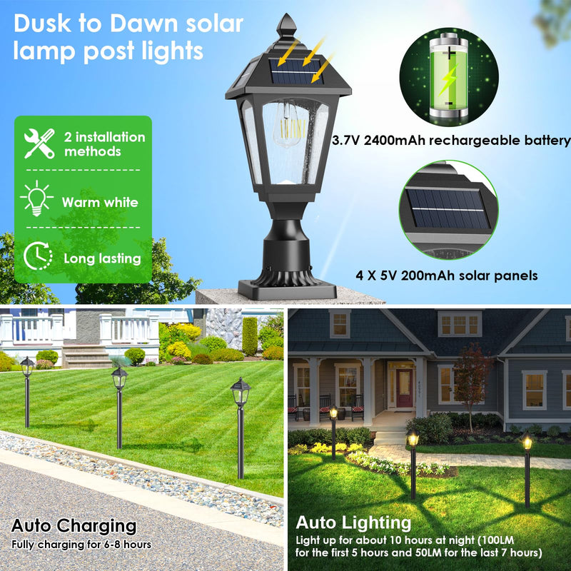 Solar Post Lights Outdoor, Aluminium Solar Lamp Post Light with Pier Mount Base, Outside Decor for Yard Garden Pole Pillar, 100 Lumens (Warm White) ﻿ Warm White