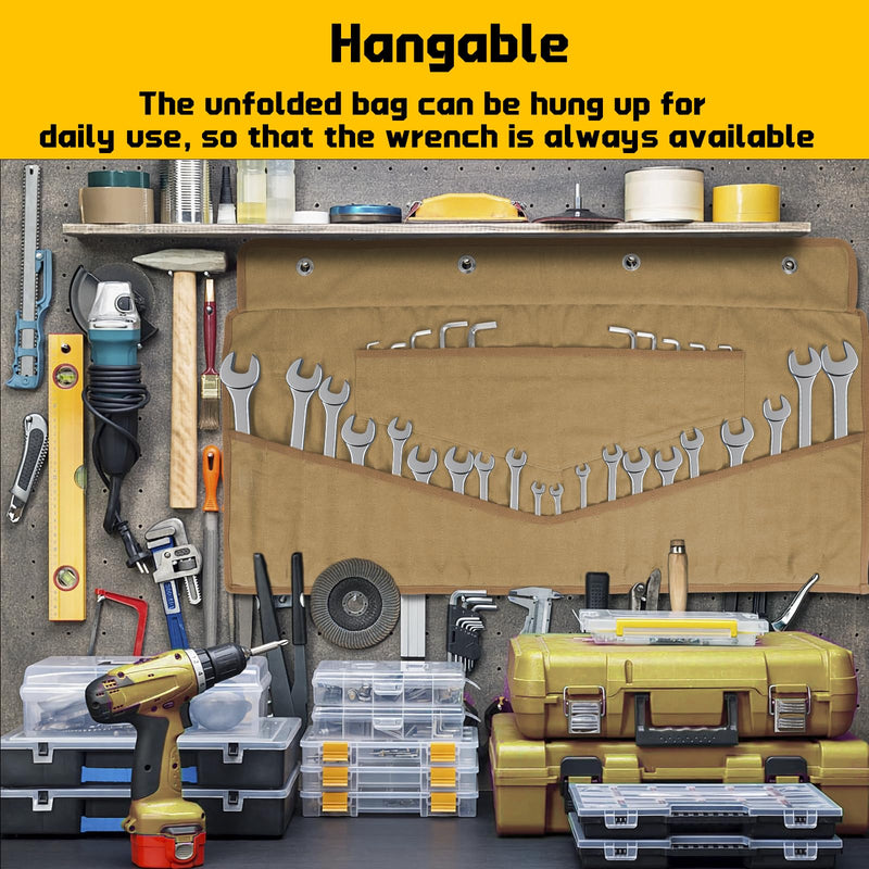 Wrench Roll 32 Pockets, Heavy-Duty 16 oz. Waxed Canvas Wrench Roll Up Bag Holds Wrench Wrap for Metric and SAE Wrenches, Wrench Pouch with Buckles and Handle, Sturdy Wrench Tool roll (Khaki) Khaki
