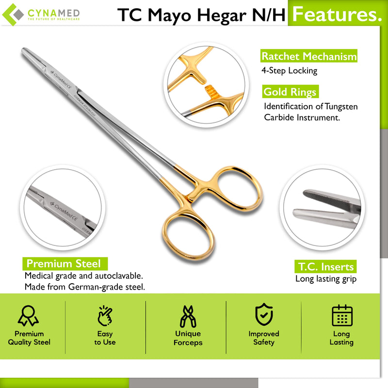 Cynamed TC Mayo Hegar Needle/Suture Holder Driver with Tungsten Carbide Inserts and Gold Rings - Premium Grade Instrument (6 in.) 6"