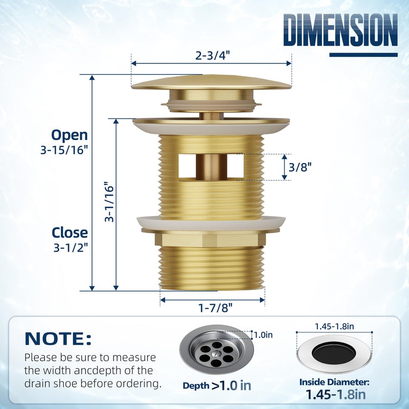 Brass Freestanding Tub Drain, Pop Up Freestanding Tub Drain Plug, Fits Most Freestanding Tub Drain Kits (Brushed Gold) Brushed Gold