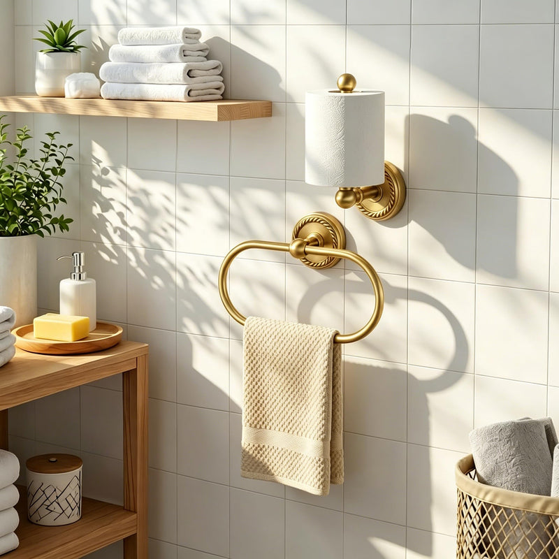 2-Piece Antique Brass Toilet Paper Holder & Towel Ring Set | Vintage Elegant Wall Mounted Retro Bathroom Hardware Tissue Roll Paper Hanger Bathroom Accessories