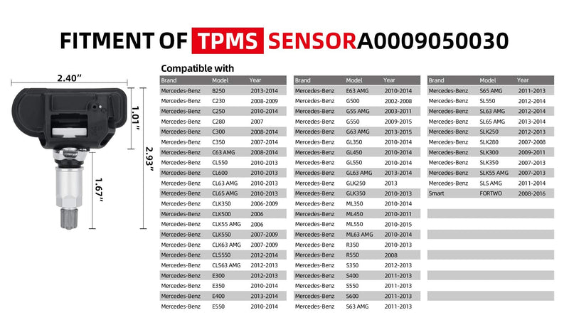A0009050030 Tire Pressure Monitoring System (TPMS) Sensor Compatible with Smart Fortwo Mercedes Benz B250 C230 C250 C280 C300 C350 C63 AMG CL550 CL600 CL63 AMG CL65 AMG CLK350 CLK500 CLK55 AMG etc 1pc