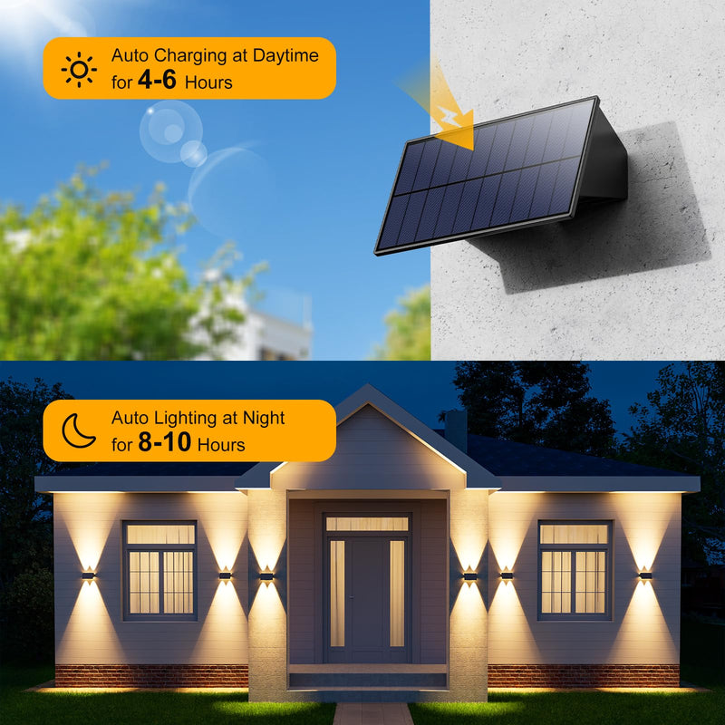 4 Pack Solar Powered Wall Lights for Outside Up and Down Fence Mount LED Outdoor Decorative Waterproof Lamps for Porch, Deck, Patio, Yard, Garden, 4 Lenses Designed for Accent Lighting (Warm White) 4 Pack Warm White