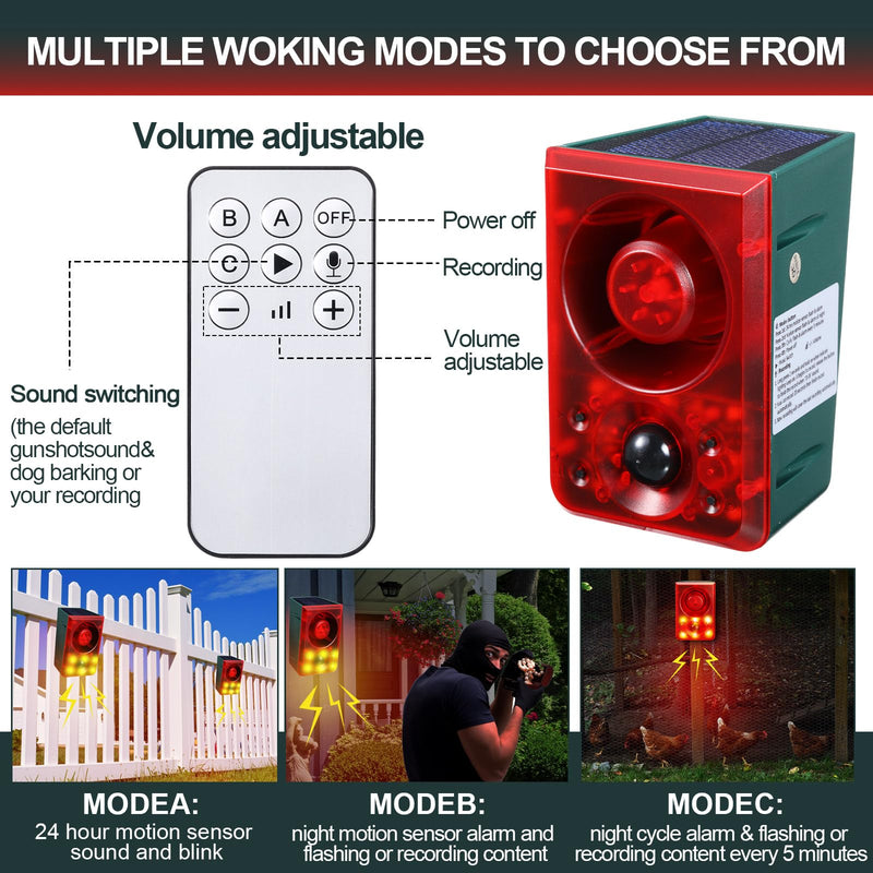 Qualirey 2 Pcs Solar Outdoor Motion Sensor Alarm Animal Deterrent Gunshot Sound Dog Barking 130db Loud Noise Maker 3 Modes with USB Remote Control, Support Recording and Volume Adjustment (Red) Red