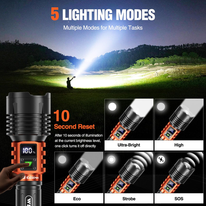 Wdtpro Rechargeable LED Flashlights High Lumens, Super Bright 90,000LM Rechargeable Flashlight with LCD Display, 5 Modes & Waterproof Powerful 10000mAh Handheld Flashlight for Camping Emergency Orange