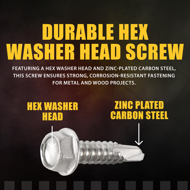 ASMC Industrial Self-Drilling Screw 1/4"-14 x 1-1/2" - Hex Washer Head 3-Point Tip - Zinc-Plated, Low Carbon Steel for Corrosion Resistance - Pack of 100