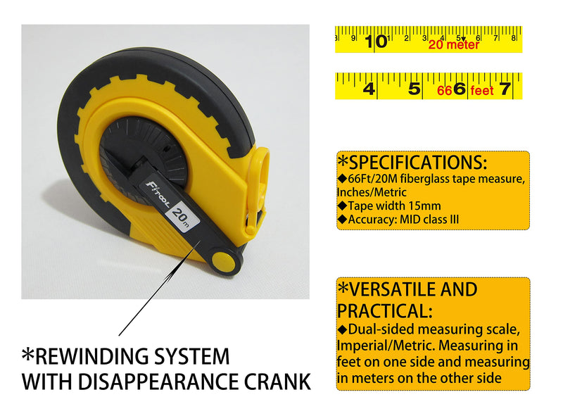 66Feet Fiberglass Measuring Tape, Dual-Sided Measuring Reel with Feet and Meters, for Sports, Landscaping, Building, Masonry， Carpentry, Contractor Engineer's Measuring Tape 20M