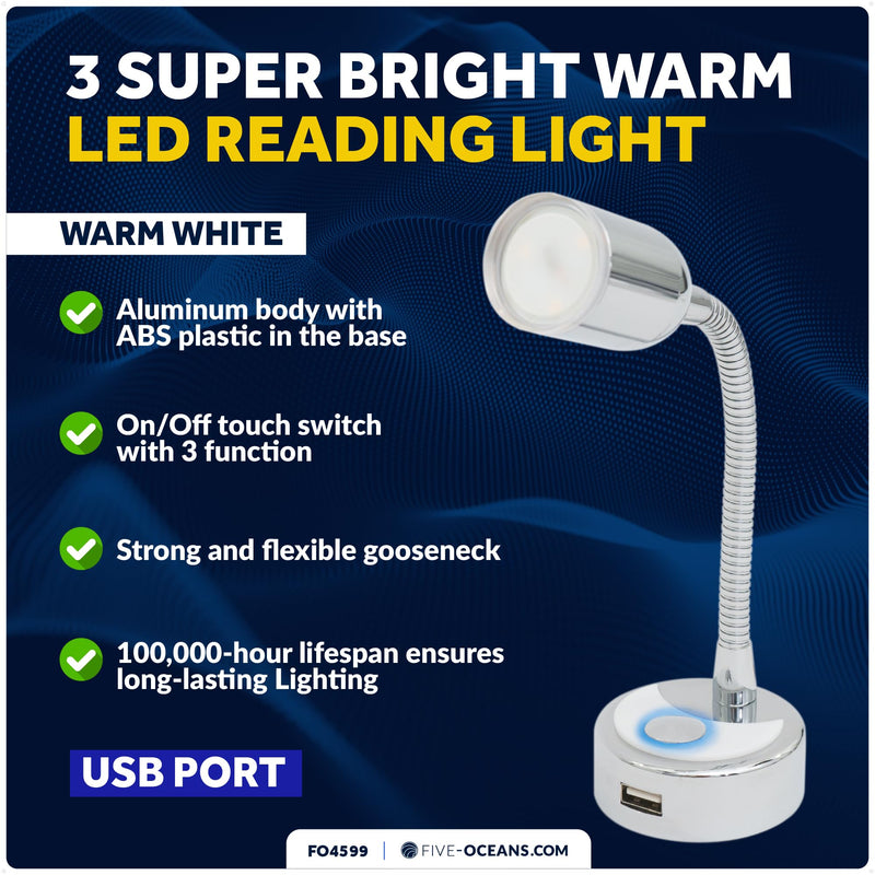 Five Oceans LED Reading Light with USB Charging Port, 12V Warm White, Touch On-Off Switch, Flexible Gooseneck Style RV Interior Lighting for RV, Boat, Camper - FO4599