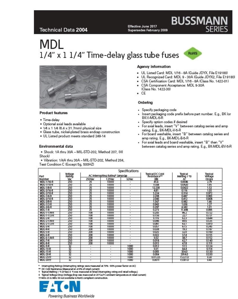 Bussmann MDL-1 Glass Fuse 1 Amp 250 Volt Time Delay (Slo-blo) 3AG 1/4 x 1-1/4 (5 pack)