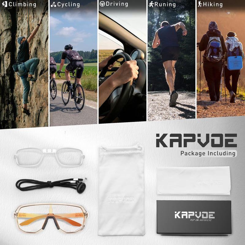 KAPVOE Photochromic Cycling Glasses for Men Women Mountain Bike Sunglasses Sports Goggles UV Protection K63 Red Brown
