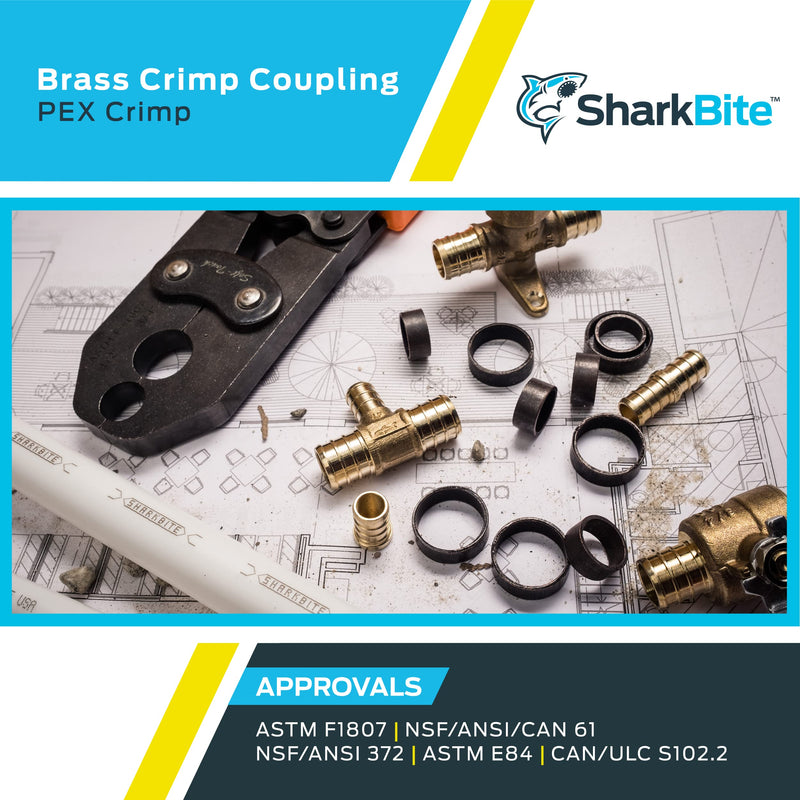 SharkBite 3/4 Inch Crimp Coupling, Pack of 25, Brass Plumbing Fitting, PEX Pipe, PE-RT, UC016LF 3/4 in., 25 pack
