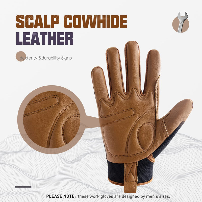 HANDLANDY Leather Work Gloves Mens & Women, Utility Safety Mechanic Working Gloves Touch Screen, Flexible Breathable Yard Work Gloves (X-Large, Brown-Cowhide Palm, Pack of 3) X-Large (Pack of 3)
