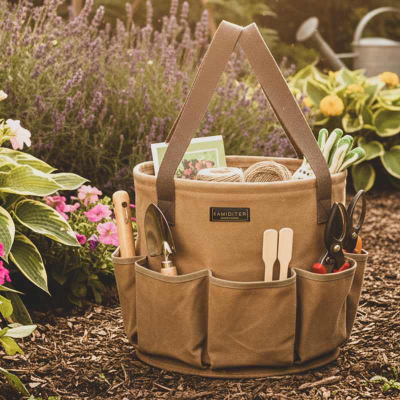 Large Capacity Collapsible 8-Gal (30L) Tool Bag with Handles, Round Gusset Organizer for Car Trunk Storage, 13.5" D x 12.5" H | Khaki