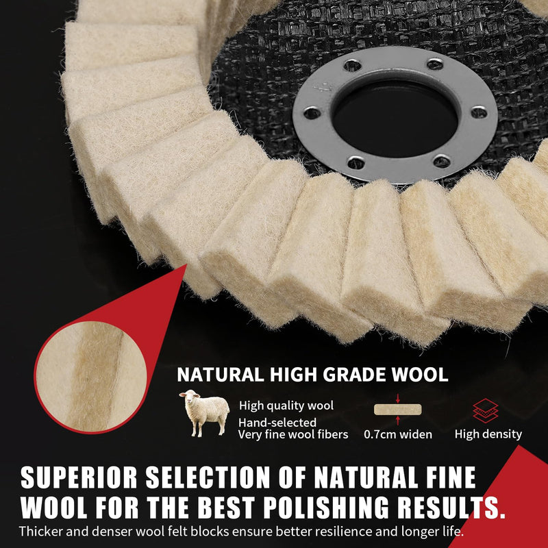 Metal Polish Wool Flap Disc 4 1/2 Inch Angle Grinder Attachment for Stainless Steel Aluminum Polishing Metal Surface Chrome Finish for Cars, Trucks, SUVs, RVs, Motorcycles - 5 Pack