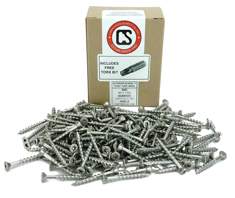 Chenango Supply 1 LB 305 Stainless Torx Deck Screw #8 x 1-5/8 Flat Head w/Nibs, Type 17 Point, Bit Included (#8x1-5/8 159 PCS)