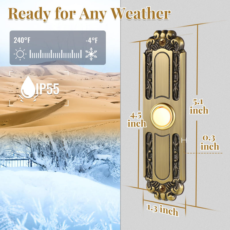 Lighted Doorbell Button Wired, Solid and Sleek Metal Door Bells for Homes, LED Lighted Door Bell Button Only, Wall Mounted Doorbell Push Button(Retro Style)